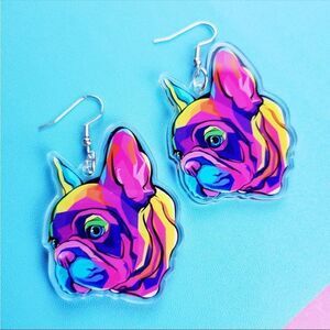 French Bulldog Lightweight Earrings Acrylic 80s/90s Vibrant Pink/Purple Frenchie